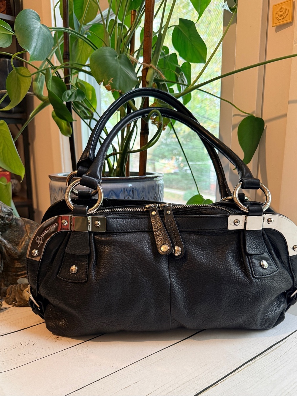 B. Makowsky | Y2K Black Leather Shoulder Satchel with Silver Hardware